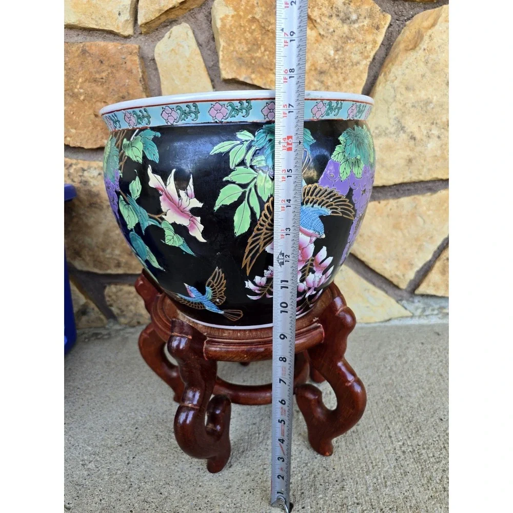 Chinese Fish Bowl Birds And Grapes With Stand Koi Pot